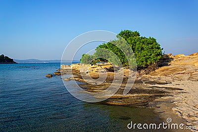 Picturesque wilderness nature scenic view place of Mediterranean sea bay cozy lagoon with rocky coast line and vivid green tree Stock Photo