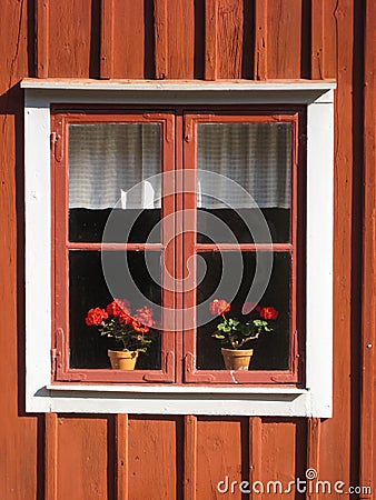Picturesque window with flowers. Linkoping. Sweden Stock Photo
