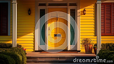 A picturesque yellow door stands as the gateway to a lovely abode. Generative AI Stock Photo