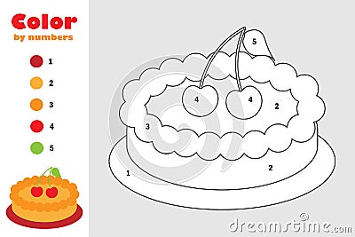 Pie in cartoon style, color by number, education paper game for the development of children, coloring page, kids Vector Illustration