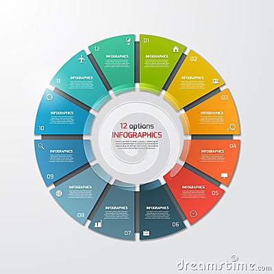 Pie chart circle infographic template with 12 options. Vector Illustration