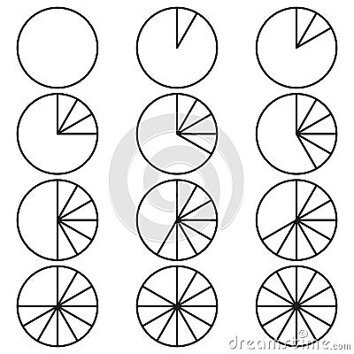 Pie chart collection. Circular data visualization. Black vector icons. Statistical graphic set. Vector Illustration