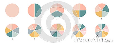 Pie chart color icons. Segment slice sign. Circle section graph. 1,2,3,4,5 segment infographic. Wheel round diagram part Vector Illustration