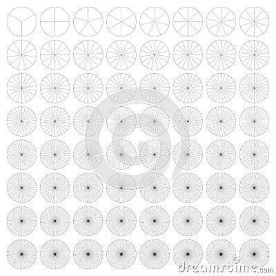 Pie chart, pie graph circle circular diagram from 2 to 65 sections, sectors. Segmented, divided circle Vector Illustration