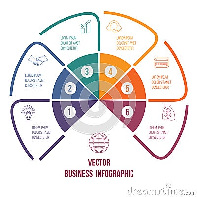 Pie chart Infographic colourful lines with text areas 6 position Vector Illustration