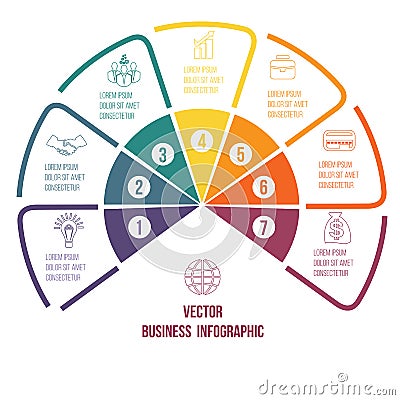 Pie chart Infographic colourful lines with text areas 7 position Vector Illustration