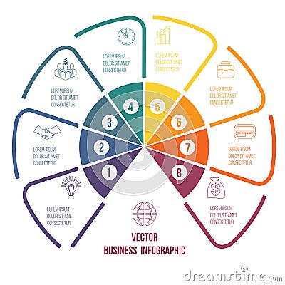 Pie chart Infographic colourful lines with text areas 8 position Vector Illustration