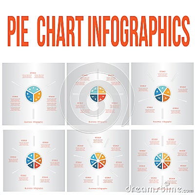 Pie chart for infographic. Set templates with text areas on 3, 4, 5, 6, 7, 8 positions, parts Vector Illustration