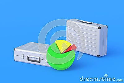 Pie chart near metal suitcases. Analysis of the banking system. Marketing calculations Stock Photo