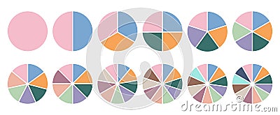 Pie chart parts for infographic. Circle sections 4, 8, 12. Percent graph, diagrama statistic wheel. Slice vector graphic Vector Illustration