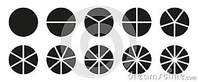 Pie chart. Segmented charts. Many number of sectors divide the circle on equal parts. Set of pie, pizza charts. Vector Illustration