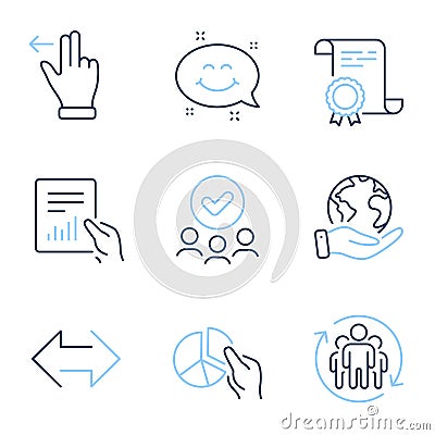 Pie chart, Teamwork and Document icons set. Smile chat, Sync and Touchscreen gesture signs. Vector Vector Illustration