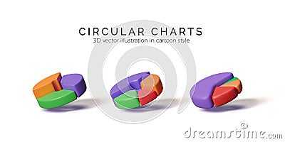 Pie charts data presentation. Set of 3D circular graphs. Colorful infographics graphic elements Vector Illustration