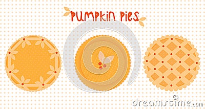 Pie icons. Whole traditional pumpkin pies with dough decor. Vector Illustration