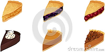 Apple, Blueberry, Cherry, Chocolate Mousse, Pumpkin, Pecan Pie Slices Vector Illustration