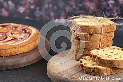 Pie varieties served on wooden platters Stock Photo