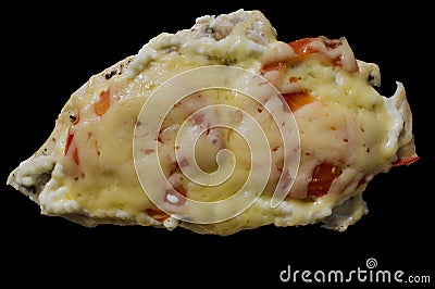Piece baked chicken fillet with tomatoes and cheese Stock Photo