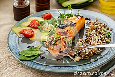 A piece of baked red fish with a side dish of sprouts and avocado salad. Macrobiotic food concept. Healthy food Stock Photo