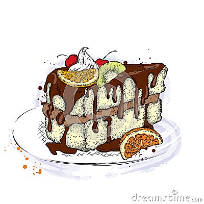 A piece of beautiful cake with cream and with cherry, kiwi and orange. Menu. Dessert. Vector Illustration