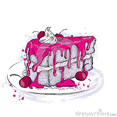 A piece of beautiful cake with cream and cherry. Menu. Dessert. Vector Illustration