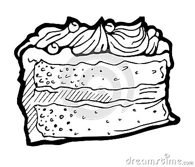 Piece of biscuit cake with cream. Hand drawing outline. Isolated on white background. Loaf and bread sweet rolls Vector Illustration