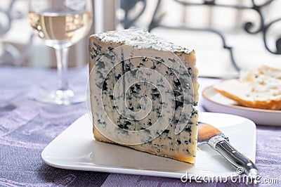 Piece of Bleu de Laqueuille semi-hard AOP French blue cheese made from raw cow milk Stock Photo
