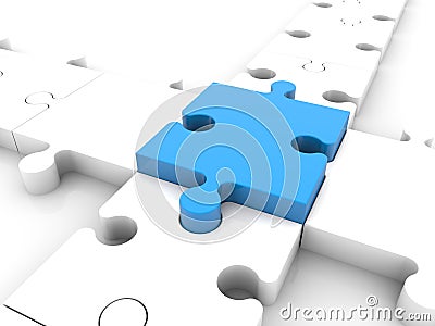 A piece of blue puzzle as a connecting link between a white puzzle Stock Photo