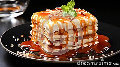 a piece Cake with caramel on white plate Stock Photo