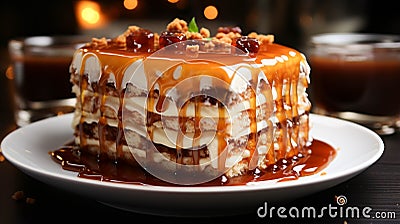 a piece Cake with caramel on white plate Stock Photo