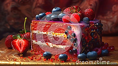 Piece of cake and cheesecake with fresh berries on a dark Stock Photo