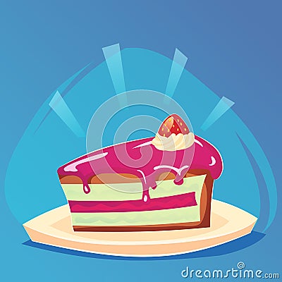 Piece of cake with cream and strawberry birthday tasty bake. Vector illustration piece cake slice. Sugar gourmet pastry cake slice Cartoon Illustration