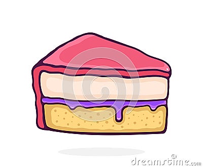 Piece of Cake with Pink Glaze Cream Fondant and Confiture. Dessert Food. Vector Illustration. Hand Drawn Cartoon Clip Art Vector Illustration