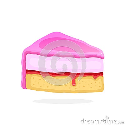 A piece of cake with pink glaze cream fondant and confiture Vector Illustration