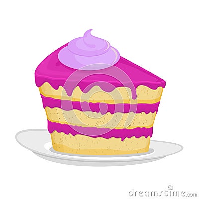 Piece of cake on plate. pie isolated. Dessert on white background. Sweets cakes. Cream and biscuit. Birthday confectionery food Vector Illustration