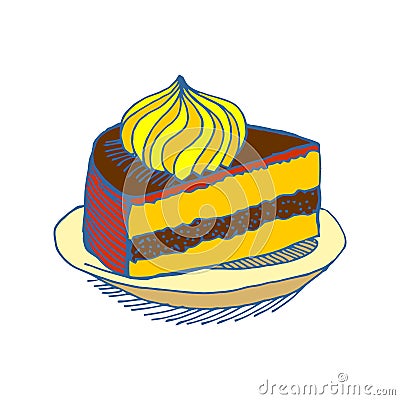 Piece of cake on plate. pie isolated. Dessert on white background. Sweets cakes. Cream and biscuit. Birthday confectionery food Vector Illustration