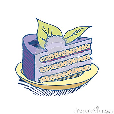 Piece of cake on plate. pie isolated. Dessert on white background. Sweets cakes. Cream and biscuit. Birthday confectionery food Vector Illustration