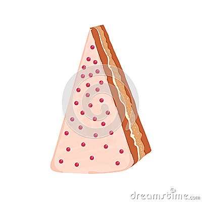 Piece of cake with sweet cream, frosting and sprinkles. Triangle slice of layered pastry. Tasty sugar food, top view Vector Illustration