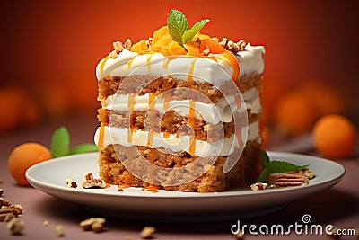 a piece of carrot cake on a plate with orange peels Stock Photo