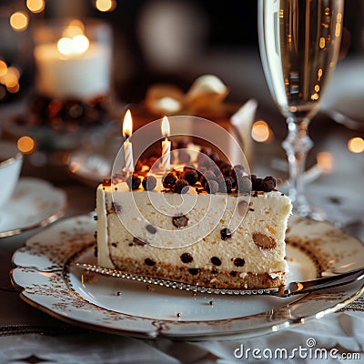 piece of celebration birthday cake with leopard spots, with birthday candles Stock Photo
