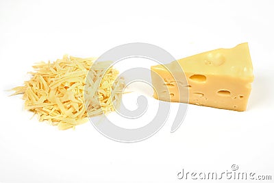 Piece of cheese and heap of grated cheese, isolated on white background. Stock Photo