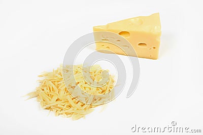 Piece of cheese and heap of grated cheese, isolated on white background. Stock Photo