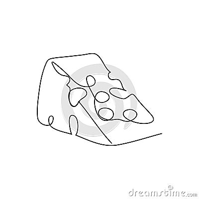 Piece of cheese with holes continuous line drawing. One line art of dairy produce, milk products, food, hard cheese Vector Illustration
