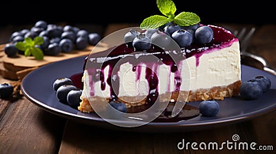 Piece of cheesecake with black currant and blueberry sauce on wooden table. Generative AI Stock Photo