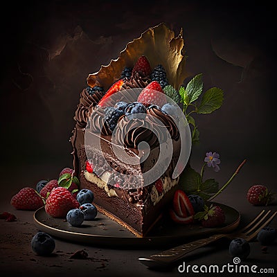 Piece of cheesecake with fresh strawberries, chocolate and mint. Stock Photo