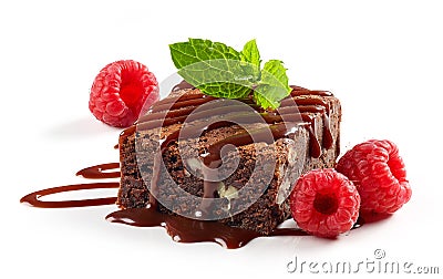 Piece of chocolate cake brownie with raspberries Stock Photo