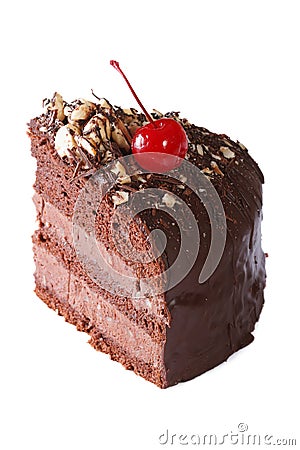 Piece chocolate cake with cherry closeup isolated on white Stock Photo