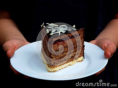 A piece chocolate cake covered a mirror coating Stock Photo