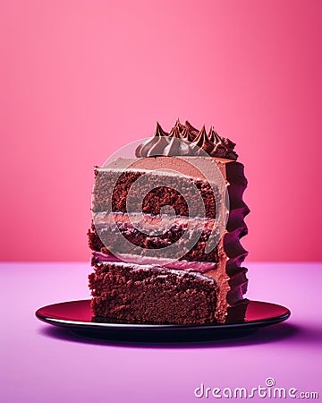 a piece of chocolate cake on a plate on a pink background Stock Photo