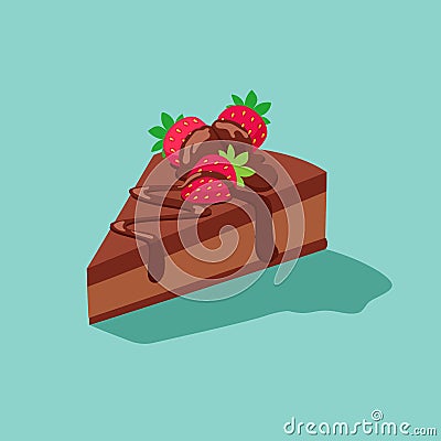 Piece of chocolate cake with strawberries Vector Illustration