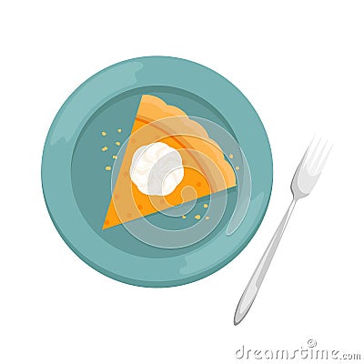 A piece of Christmas pumpkin pie with whipped cream. Flat lay Vector Illustration